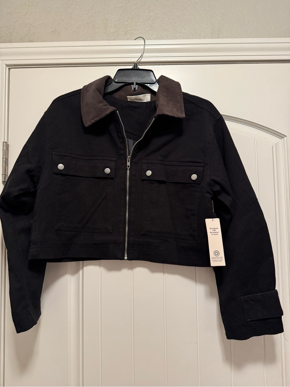 No Boundaries Cropped Black Jacket with Brown Corduroy Collar